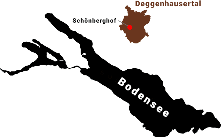 Stilisierte Karte vom Bodensee, dem Deggenhausertal und der Position des Schönberghofs.
